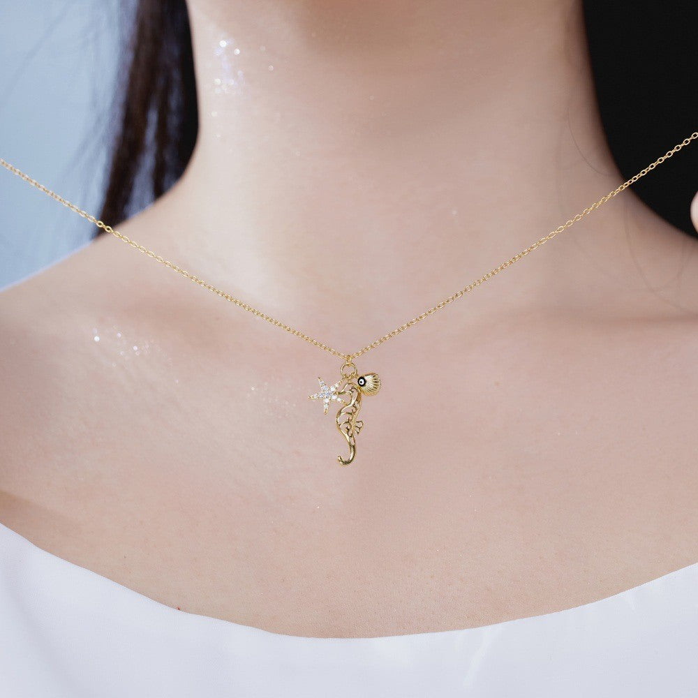 925 Sterling Silver Seahorse, Starfish, and Shell Fashion Pendant Necklace