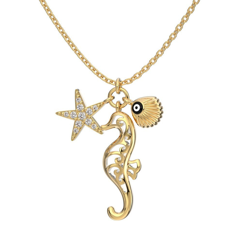 925 Sterling Silver Seahorse, Starfish, and Shell Fashion Pendant Necklace