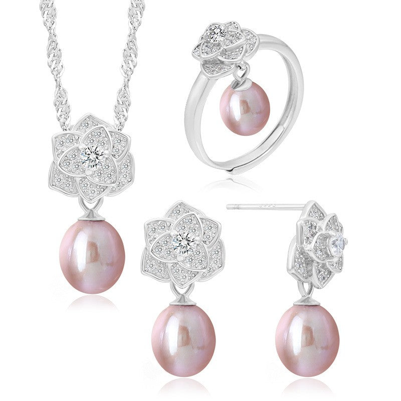 925 Sterling Silver Fashion Pearl Jewelry Set Gift for Women Girls