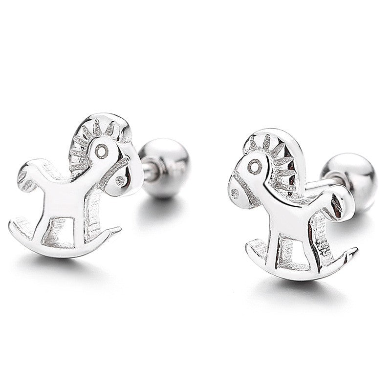 925 Sterling Silver Wooden Horse Screw Back Stud Earrings