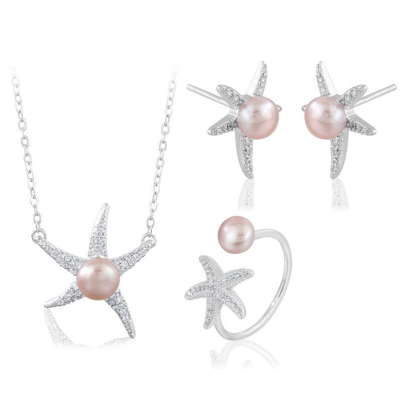 925 Sterling Silver Fashion Starfish Pearl Jewelry Set Gift for Women Girls