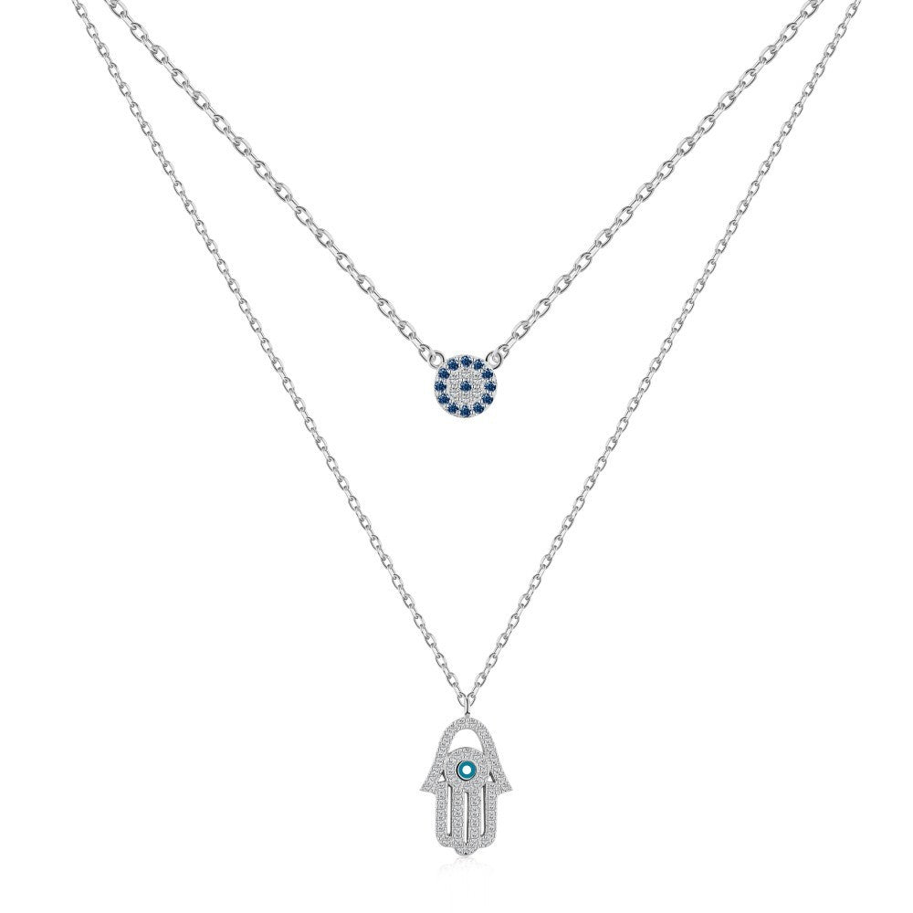 925 Sterling Silver Evil Eye Hamsa Double Layer Fashion Necklace