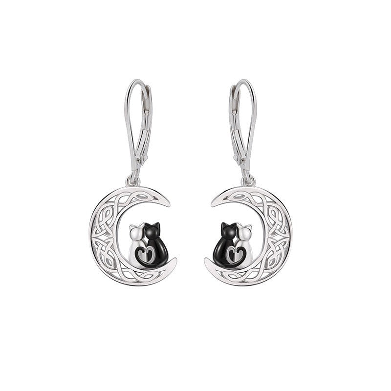 925 Sterling Silver Cats in Moon Huggie Earrings