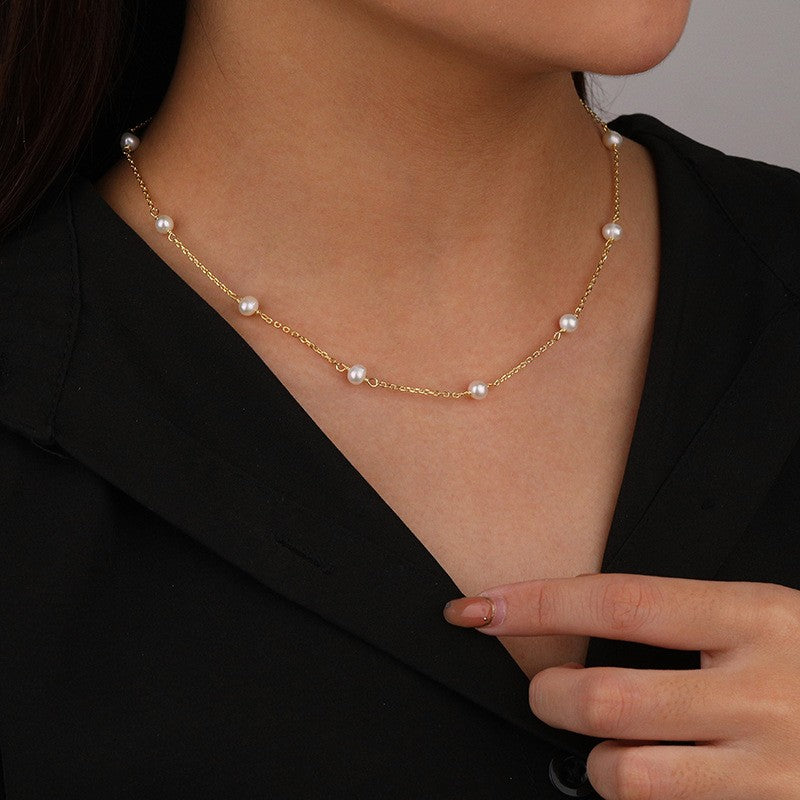 925 Sterling Silver Natural Pearl Necklace Fashion Jewelry Gift for Women Girls
