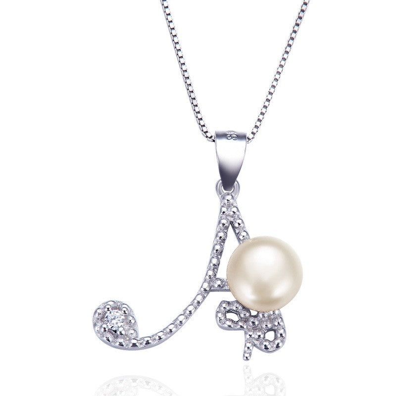 925 Sterling Silver Alphabet A-Z Pendant with Pearl Necklace