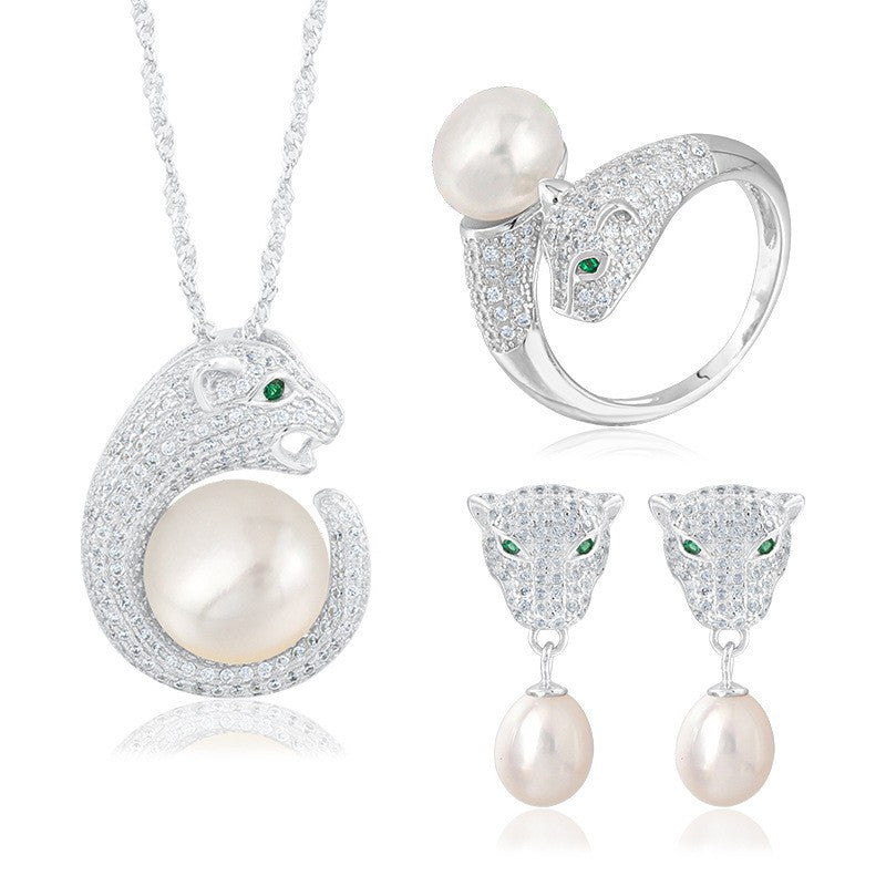 925 Sterling Silver Fashion Leopard Pearl Jewelry Set Gift for Women Girls