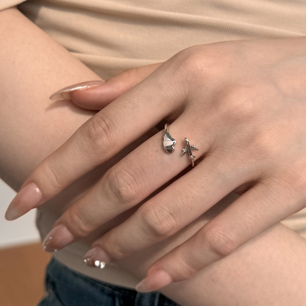 925 Sterling Silver Airplane and Cloud Soaring into the Sky Fashion Adjustable Ring