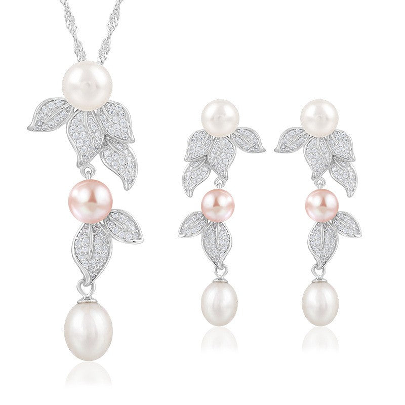 925 Sterling Silver Fashion Pearl Jewelry Set Gift for Women Girls