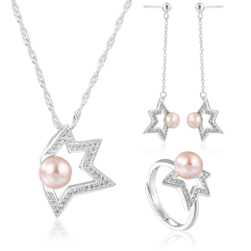 925 Sterling Silver Fashion Star Pearl Jewelry Set Gift for Women Girls