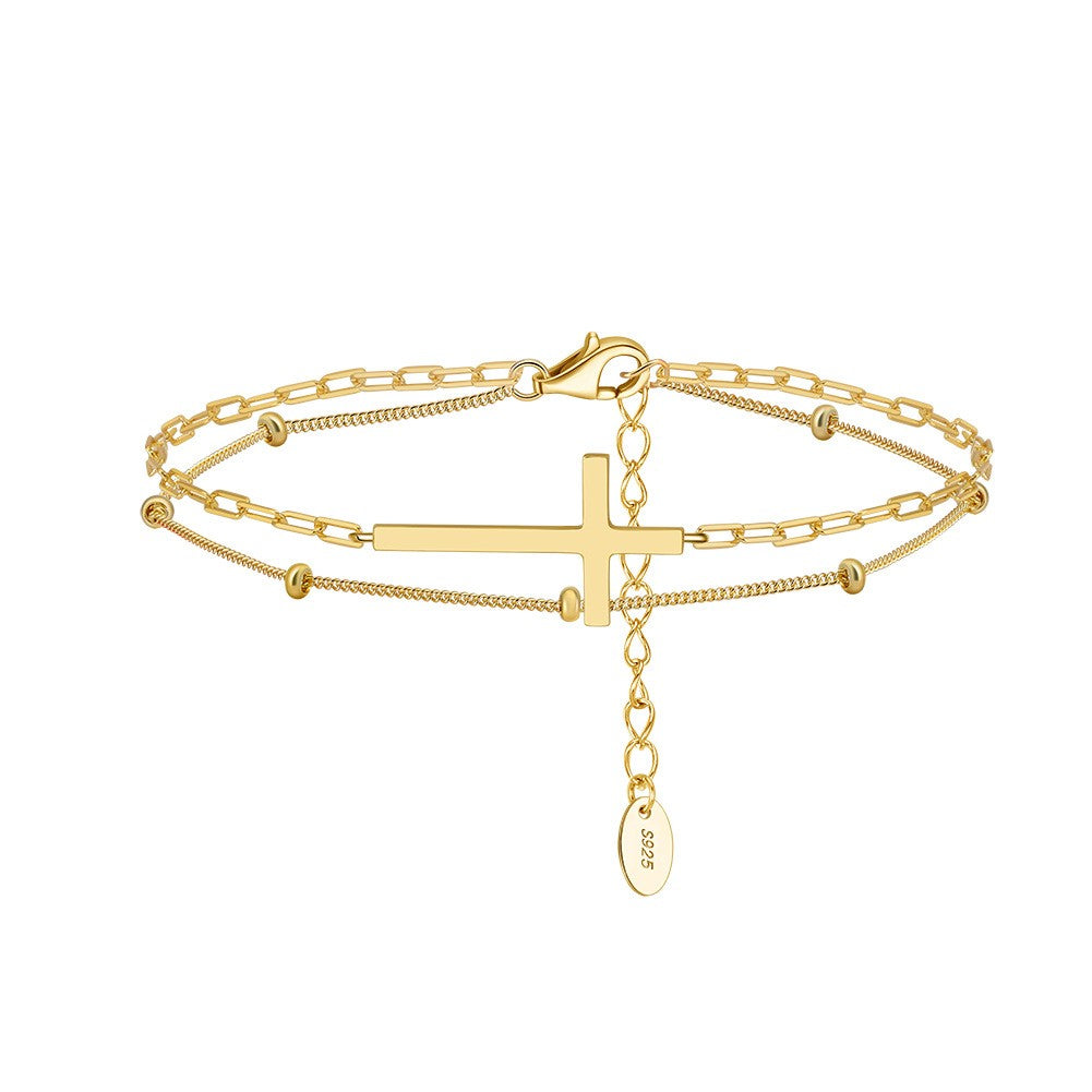 925 Sterling Silver Double Layers Cross Bracelet