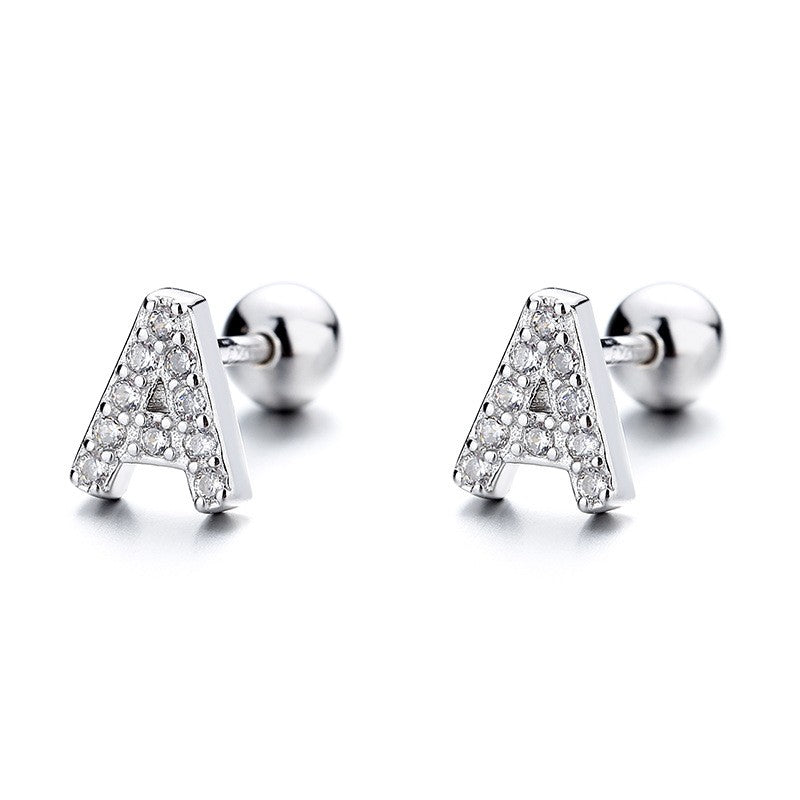925 Sterling Silver Letter with Zircon A-Z Screw Back Stud Earrings