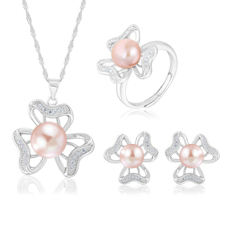 Conjunto de joyería de perlas de moda de plata de ley 925, regalo para mujeres y niñas