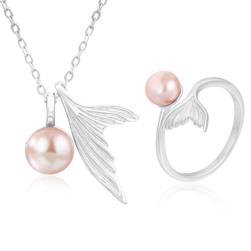 925 Sterling Silver Fashion Fishtail Pearl Jewelry Set Gift for Women Girls