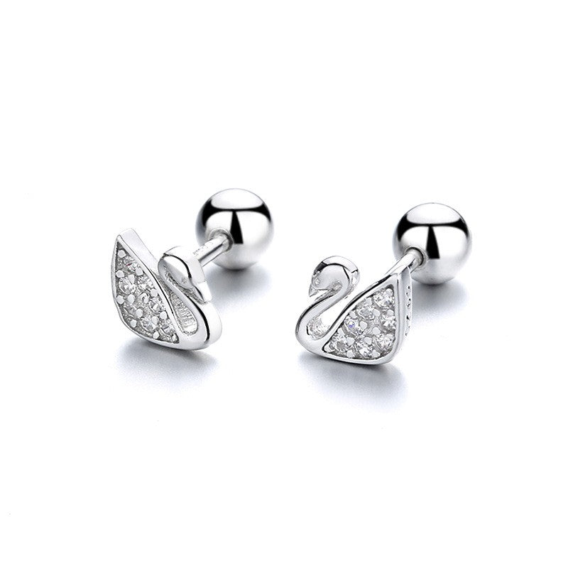 925 Sterling Silver Swan Screw Back Stud Earrings