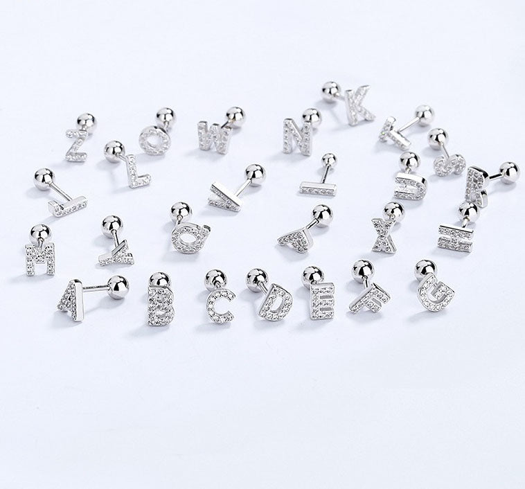 925 Sterling Silver Letter with Zircon A-Z Screw Back Stud Earrings