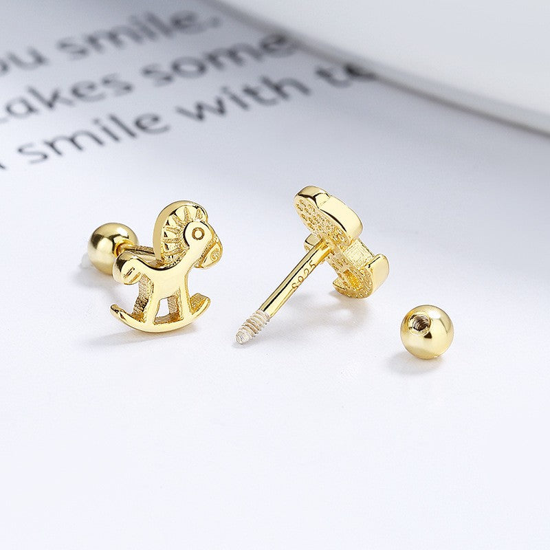 925 Sterling Silver Wooden Horse Screw Back Stud Earrings