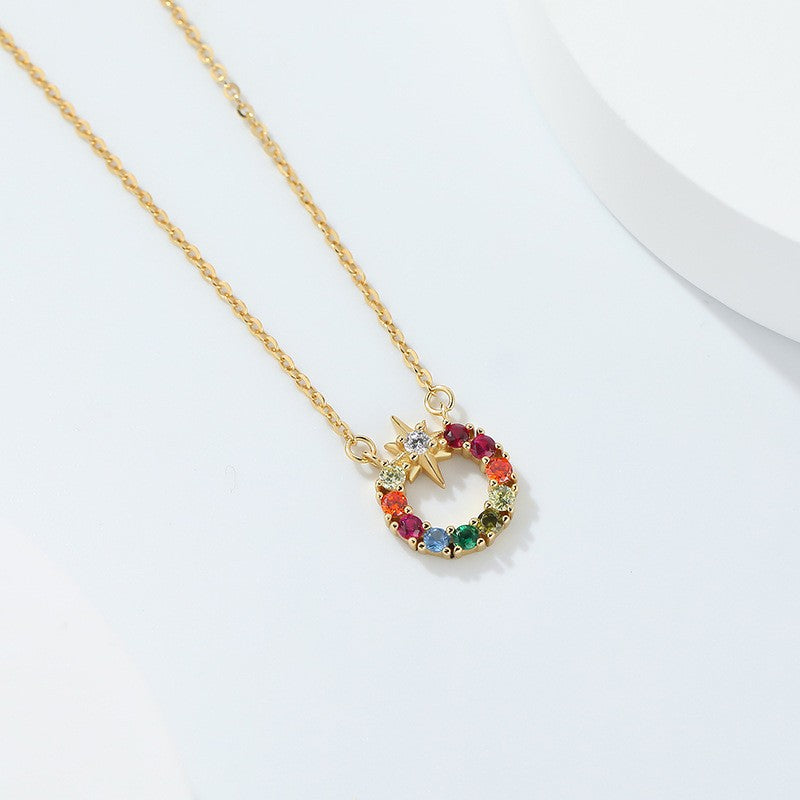 925 Sterling Silver Circle Colorful Zircon Infinity Star Pendant Necklace