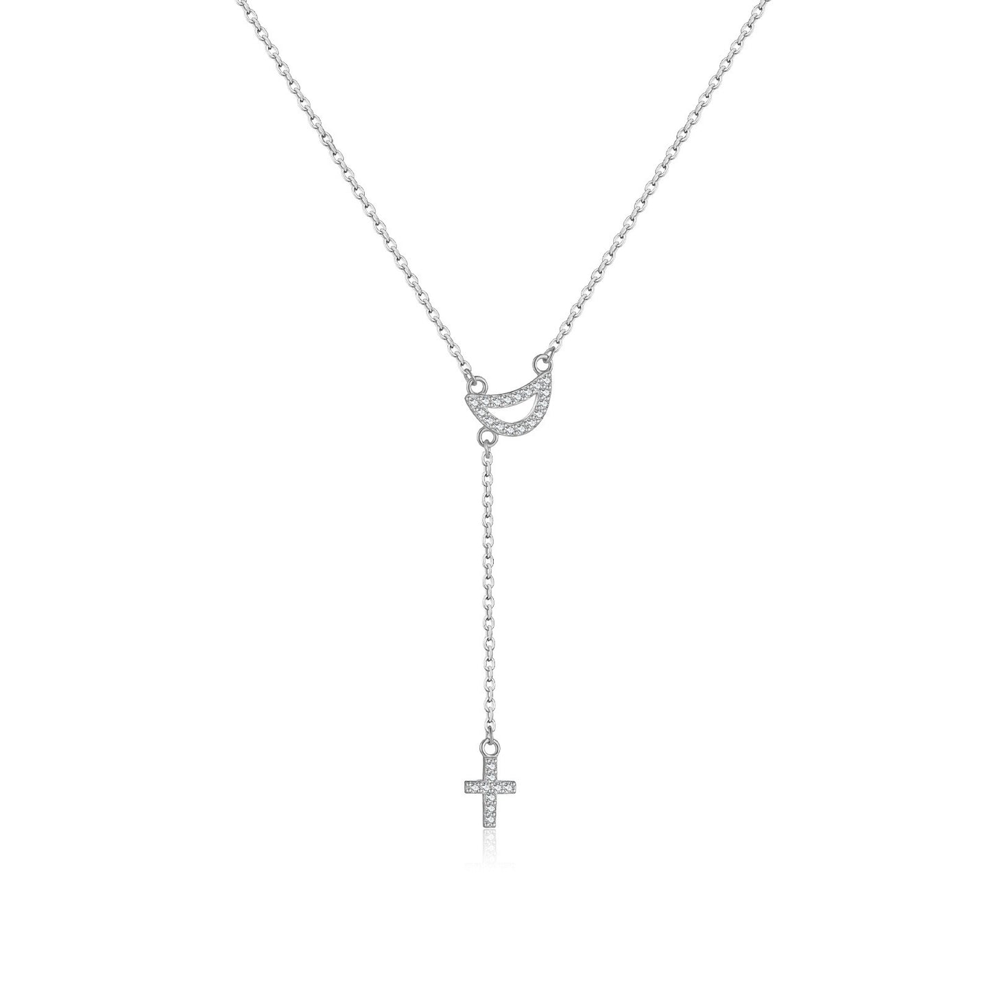 925 Sterling Silver Zircon Moon Cross Pendant Necklace