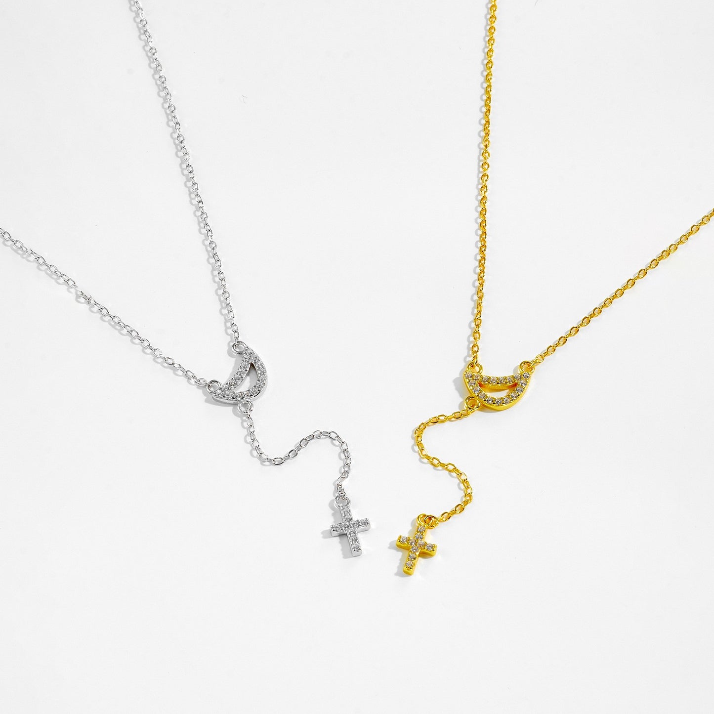 925 Sterling Silver Zircon Moon Cross Pendant Necklace