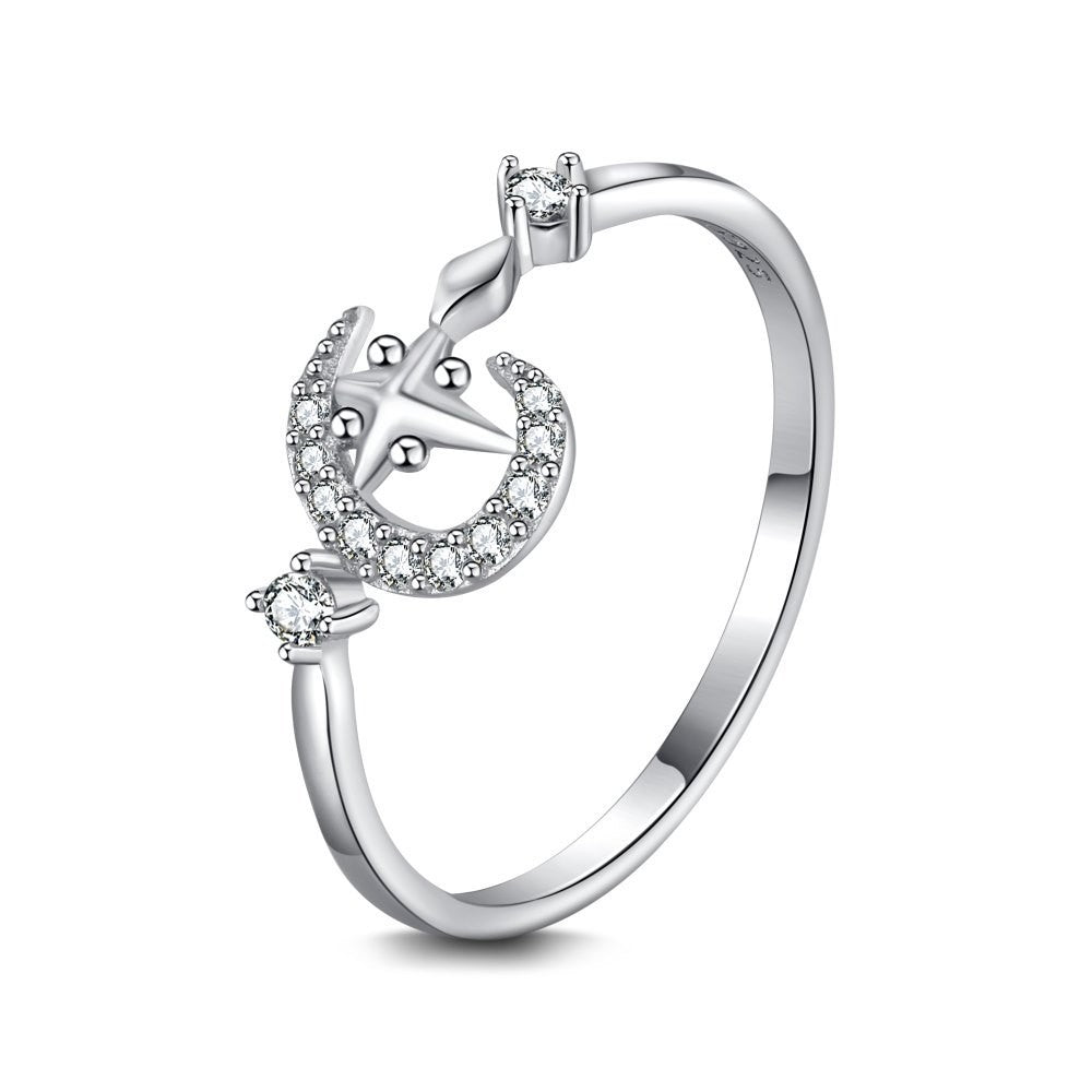 925 Sterling Silver Moon and Star Fashion Ring