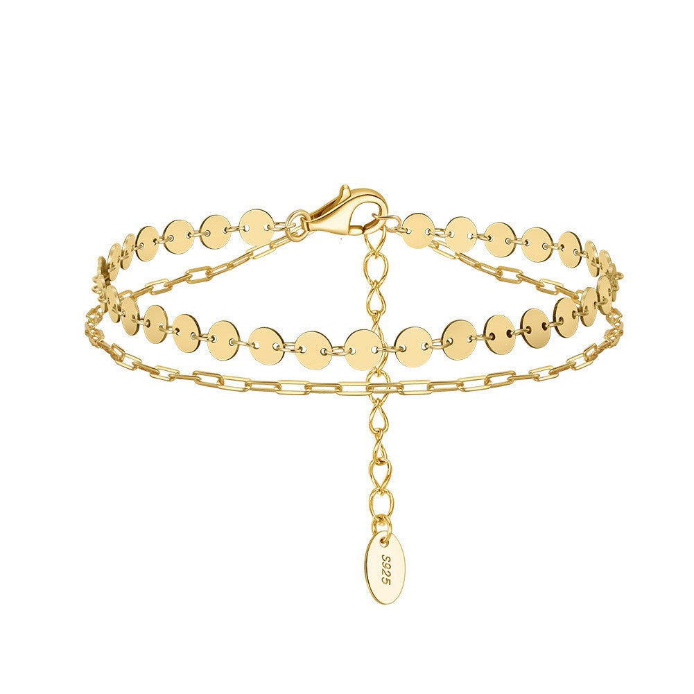 925 Sterling Silver Double Layers Flat Beads and Link Bracelet