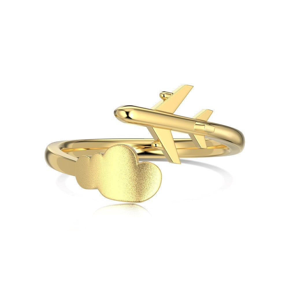 925 Sterling Silver Airplane and Cloud Soaring into the Sky Fashion Adjustable Ring
