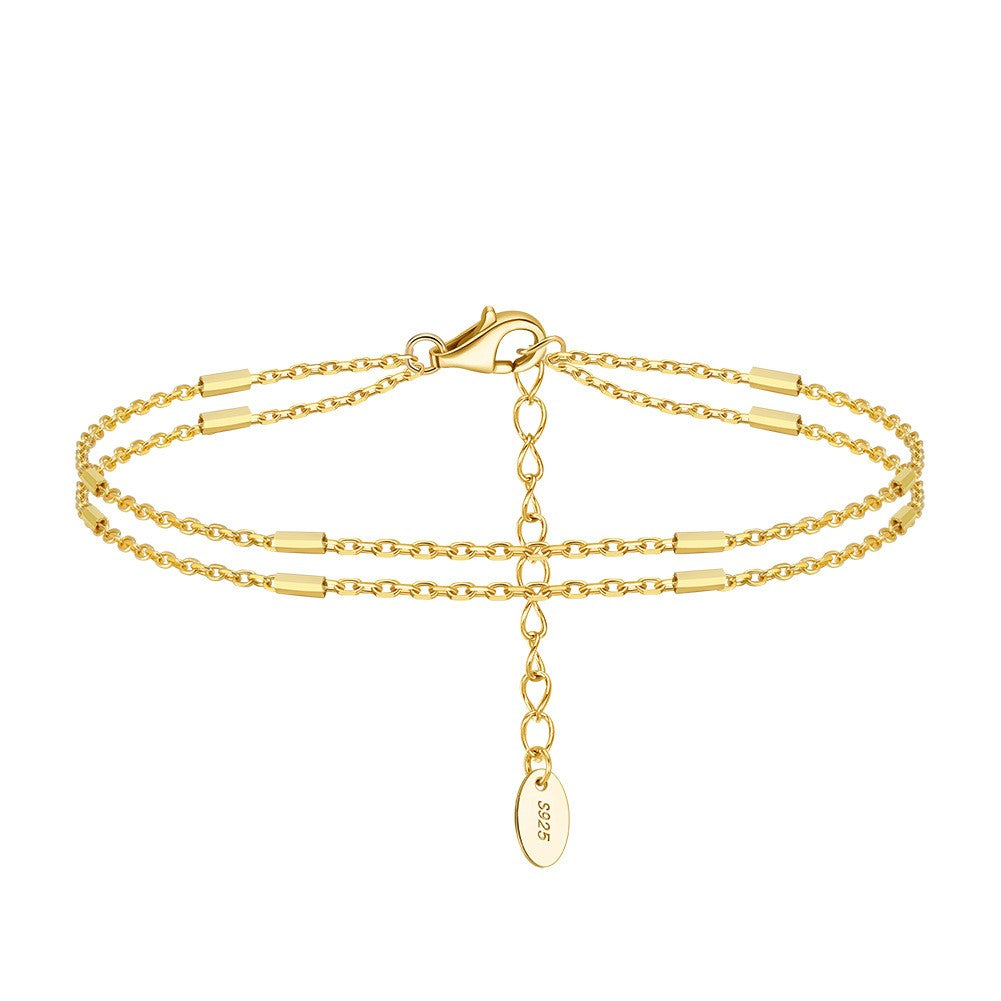 925 Sterling Silver Double Layers Flat Beads Cross Chain Bracelet