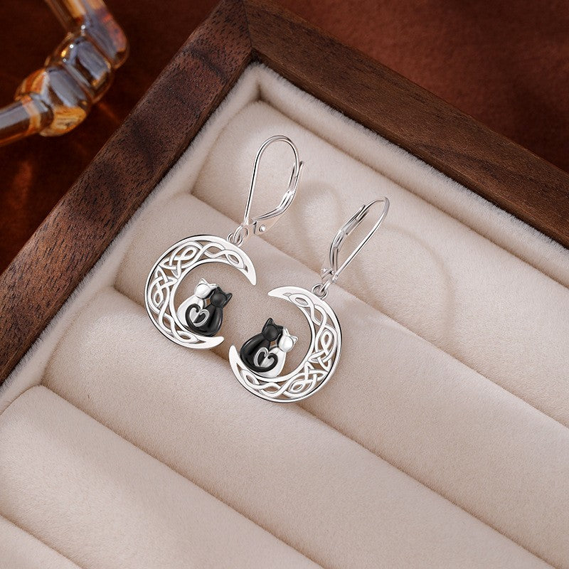 925 Sterling Silver Cats in Moon Huggie Earrings