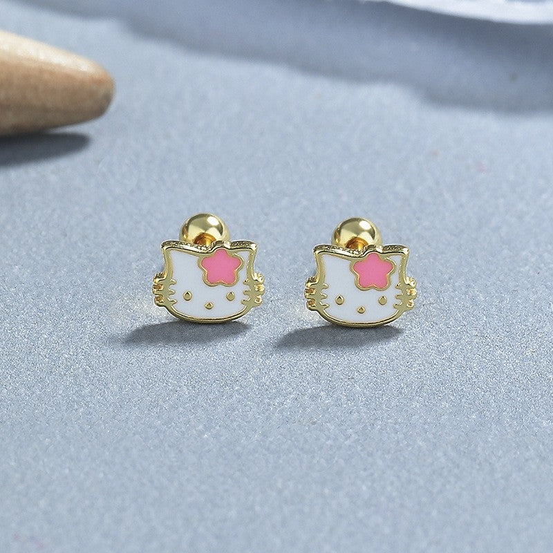 925 Sterling Silver Kitty Screw Back Stud Earrings