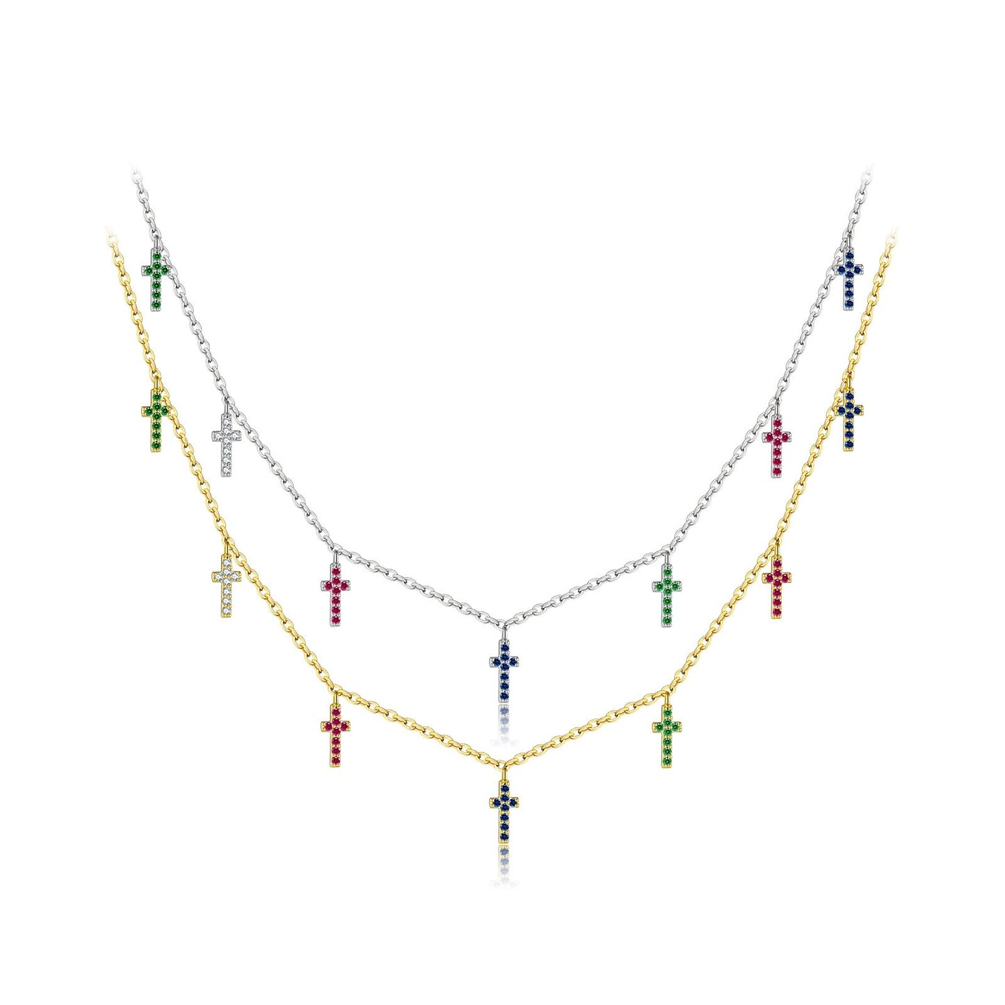 925 Sterling Silver Zircon Double Layers Cross Pendant Necklace