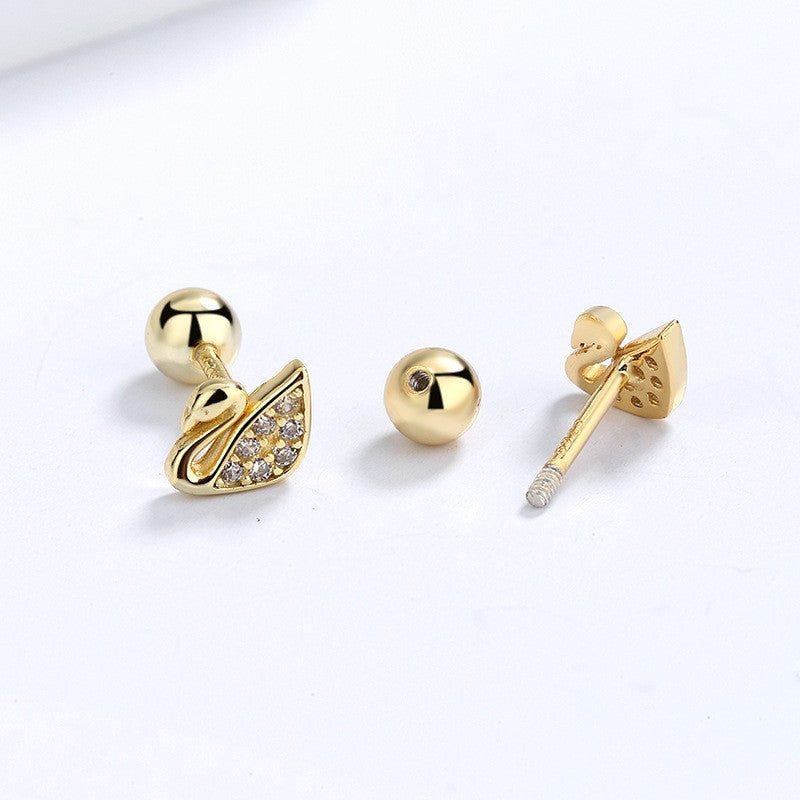 925 Sterling Silver Swan Screw Back Stud Earrings