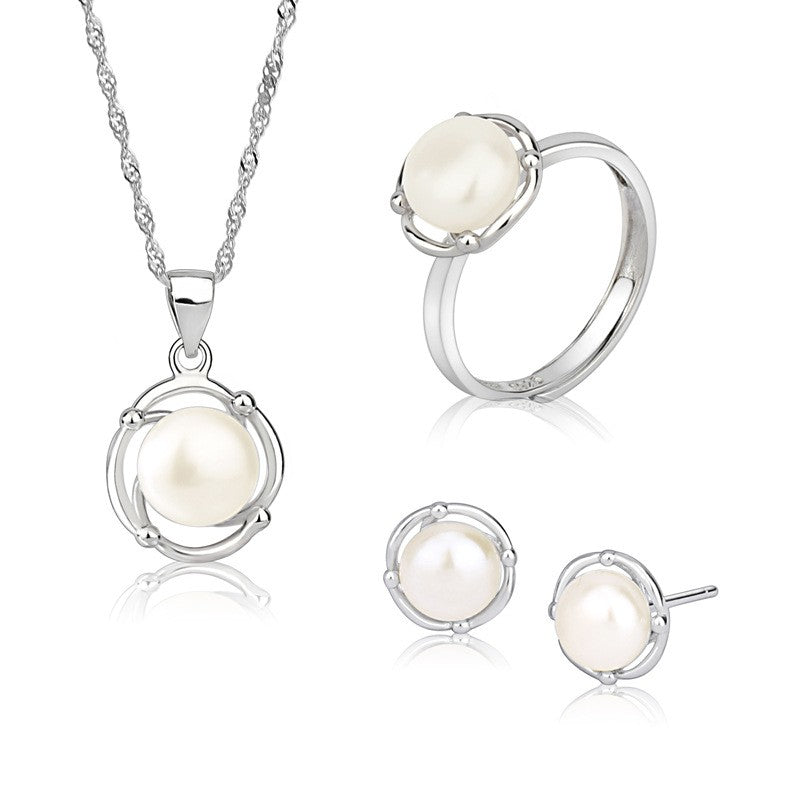 925 Sterling Silver Fashion Pearl Jewelry Set Gift for Women Girls