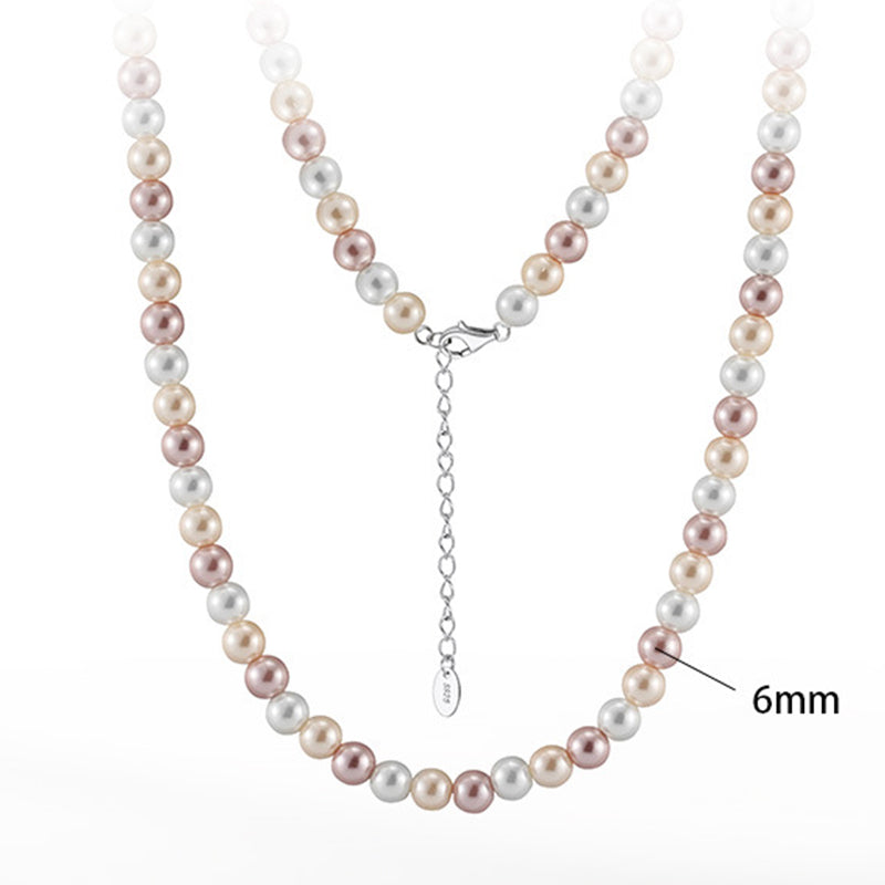 Silver Stainless Steel Multicolor Imitation Pearl Strand Necklace, Round Mixed White Pink Champagne Pearls with Adjustable Extension Chain