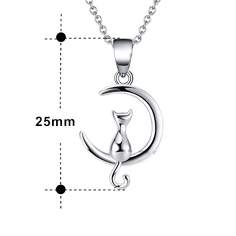 Silver Stainless Steel Cat On Crescent Moon Necklace, Polished Plain Cat Sitting On Curved Moon Charm Rolo Chain