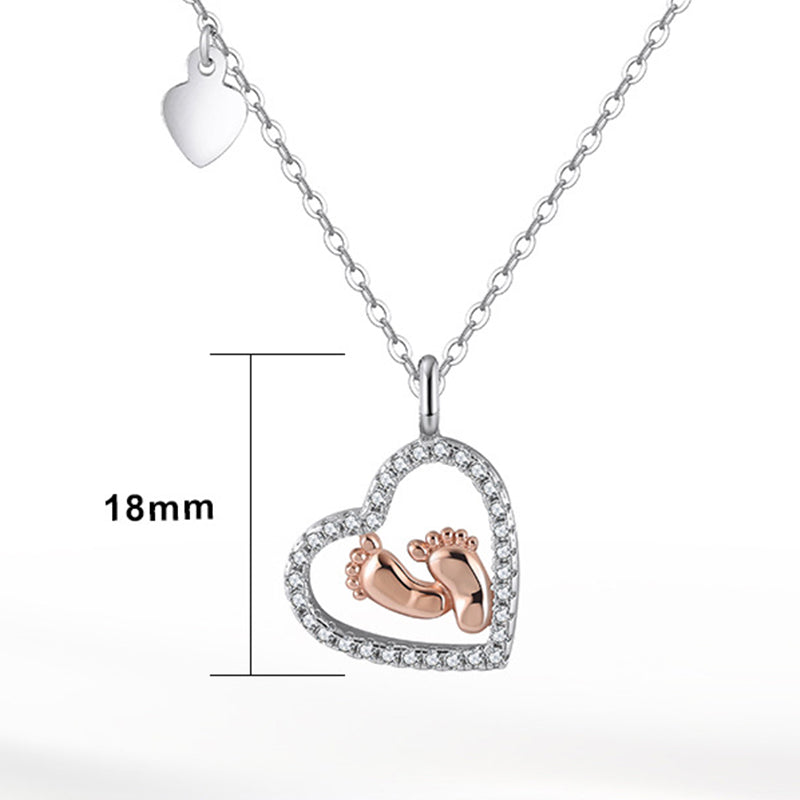 Two Tone Stainless Steel Open Heart Necklace with Baby Footprint Charm, Paved CZ Hollow Heart Pendant