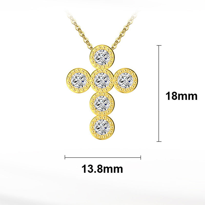 Gold Stainless Steel Cross Necklace with 6 Round Bezel Set Cubic Zirconia Stones, Vintage Coin Edge Cross Pendant