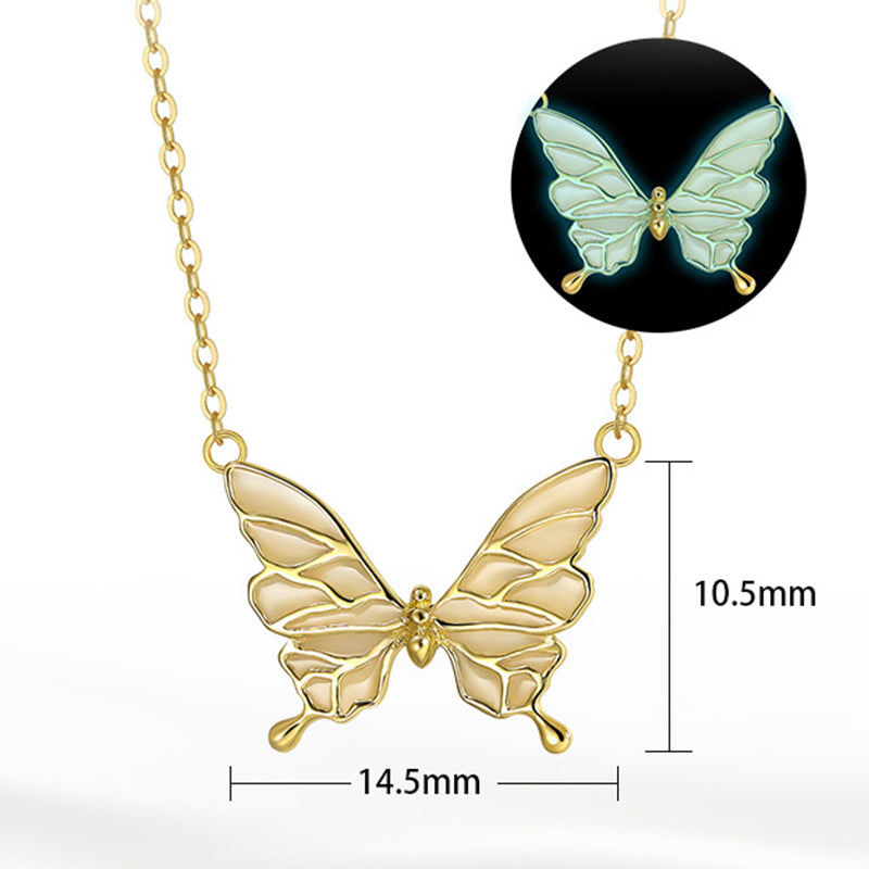 Gold Stainless Steel Glow In The Dark Butterfly Pendant Necklace, Luminous Enamel Butterfly Charm Cable Chain Necklace