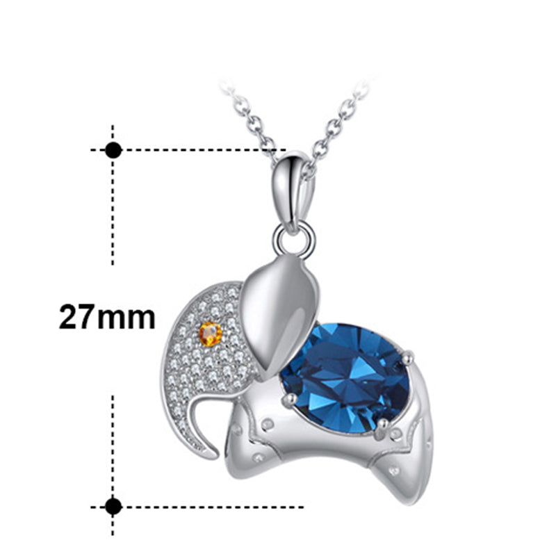 Silver Stainless Steel Elephant Pendant Necklace, Large Blue Round CZ & Micro Pave Clear Zircon Animal Charm
