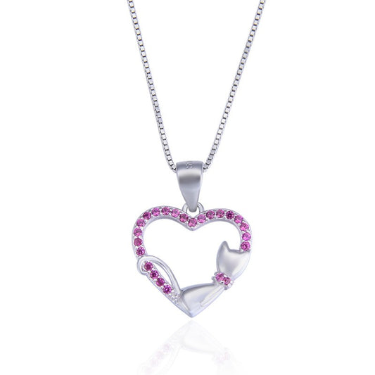 925 Sterling Silver Cat In Heart Necklace