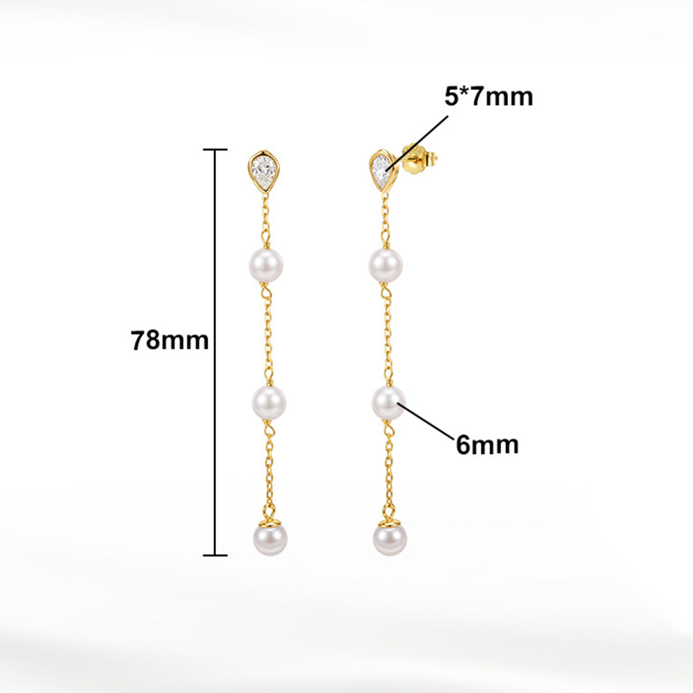 S925 Sterling Silver Long Chain Pearl Drop Earrings, Three Uniform Round Pearls with Delicate Soft Luster Suspended Below Teardrop Cut Zircon