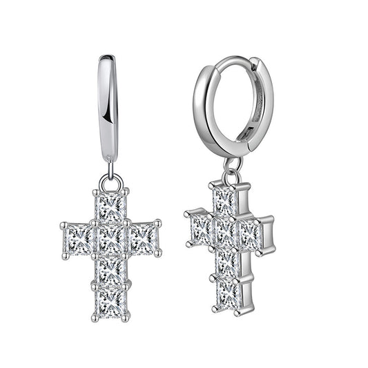 925 Sterling Silver Hoop Zircon Cross Earrings