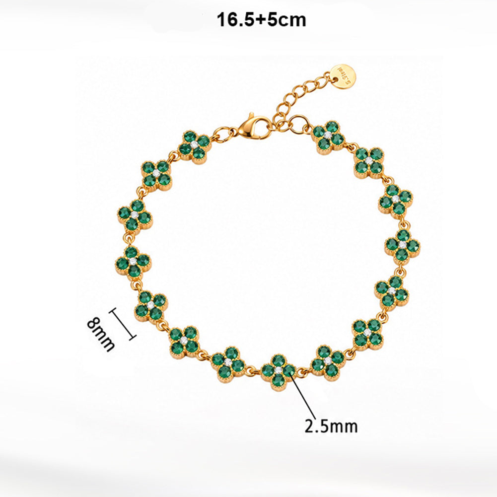 Stainless Steel Green CZ Four Leaf Clover Station Bracelet, Emerald Tone Clover Charm Adjustable Bracelet