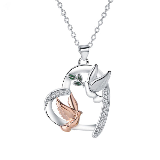 Copper With Silver/Rosegold Plated Heart Doves Pendant Necklace