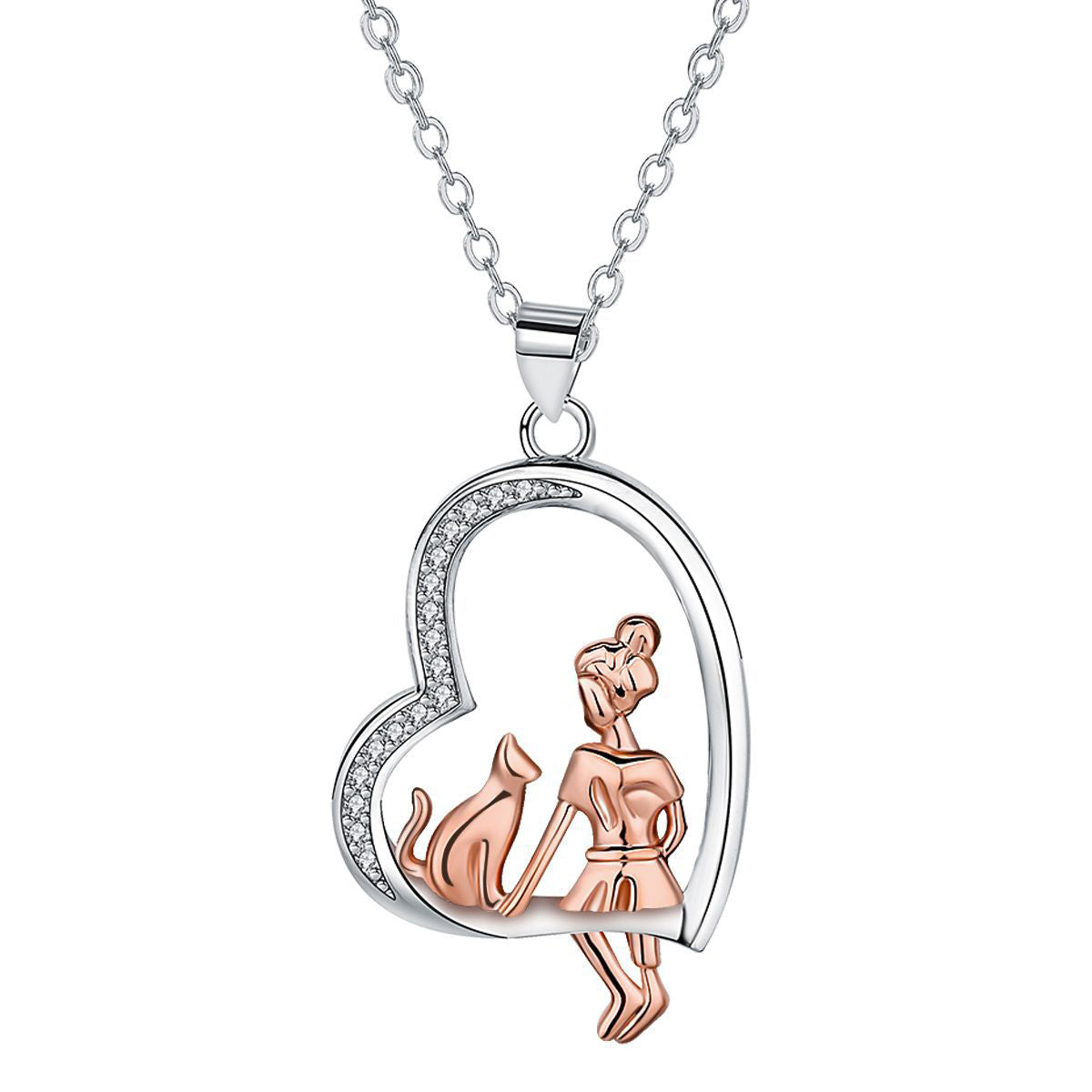 Copper With Silver/Rosegold Plated Cat and Girl Heart Pendant Necklace
