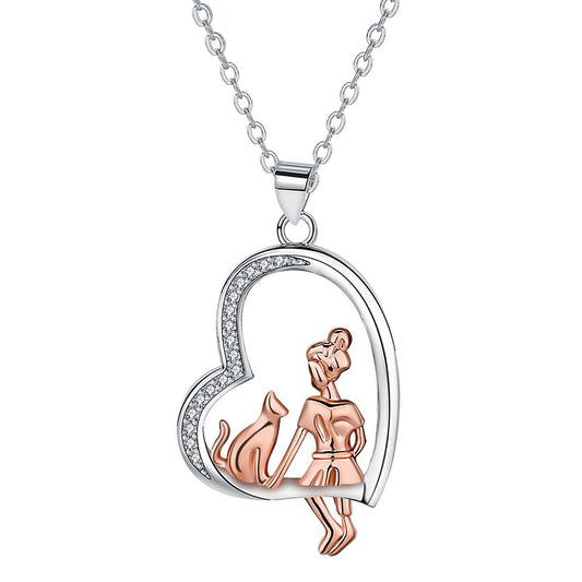 Copper With Silver/Rosegold Plated Cat and Girl Heart Pendant Necklace