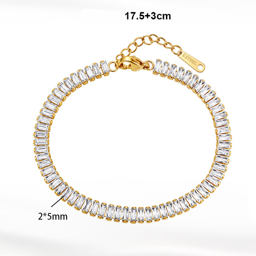 Stainless Steel Full Baguette CZ Tennis Bracelet, Continuous Rectangular Clear Cubic Zirconia Bracelet
