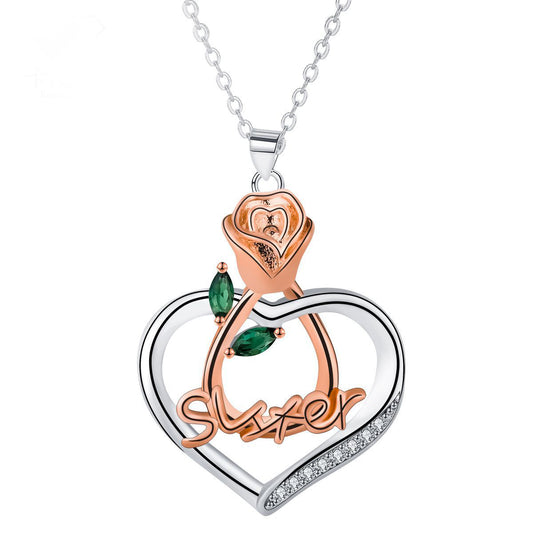 Copper With Silver/Rosgold Plated Sister Rose Heart Pendant Necklace
