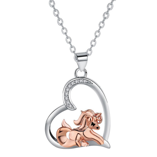Copper With Silver/Rosegold Plated Heart Unicorn Pendant Necklace for Women