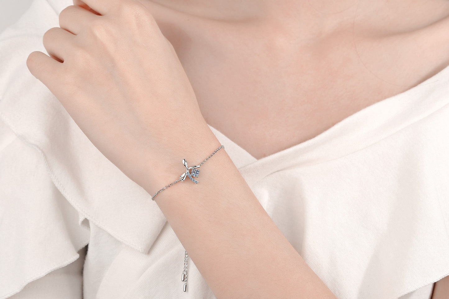925 Sterling Silver Adjustable Moissanite Bow Bracelet for Women Girl