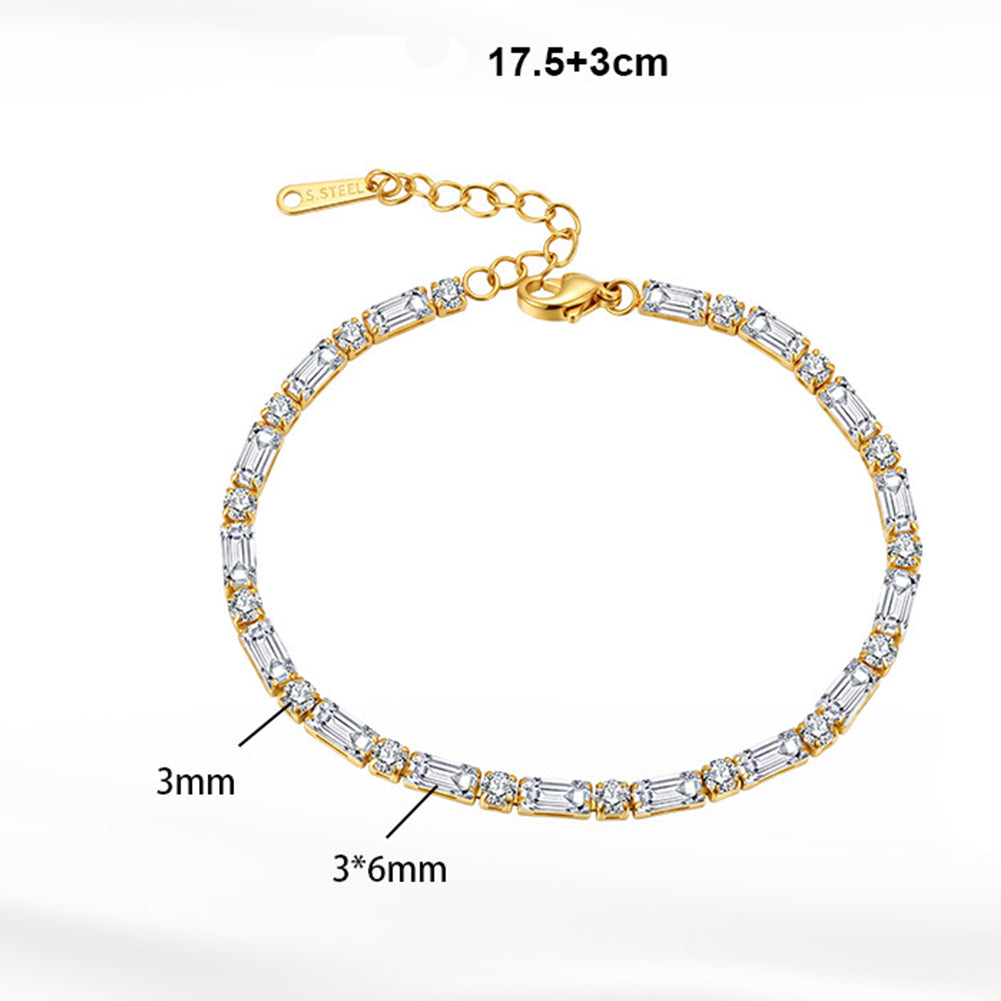 Stainless Steel Baguette and Round CZ Alternating Tennis Bracelet, Rectangular Clear Zirconia Link Bracelet